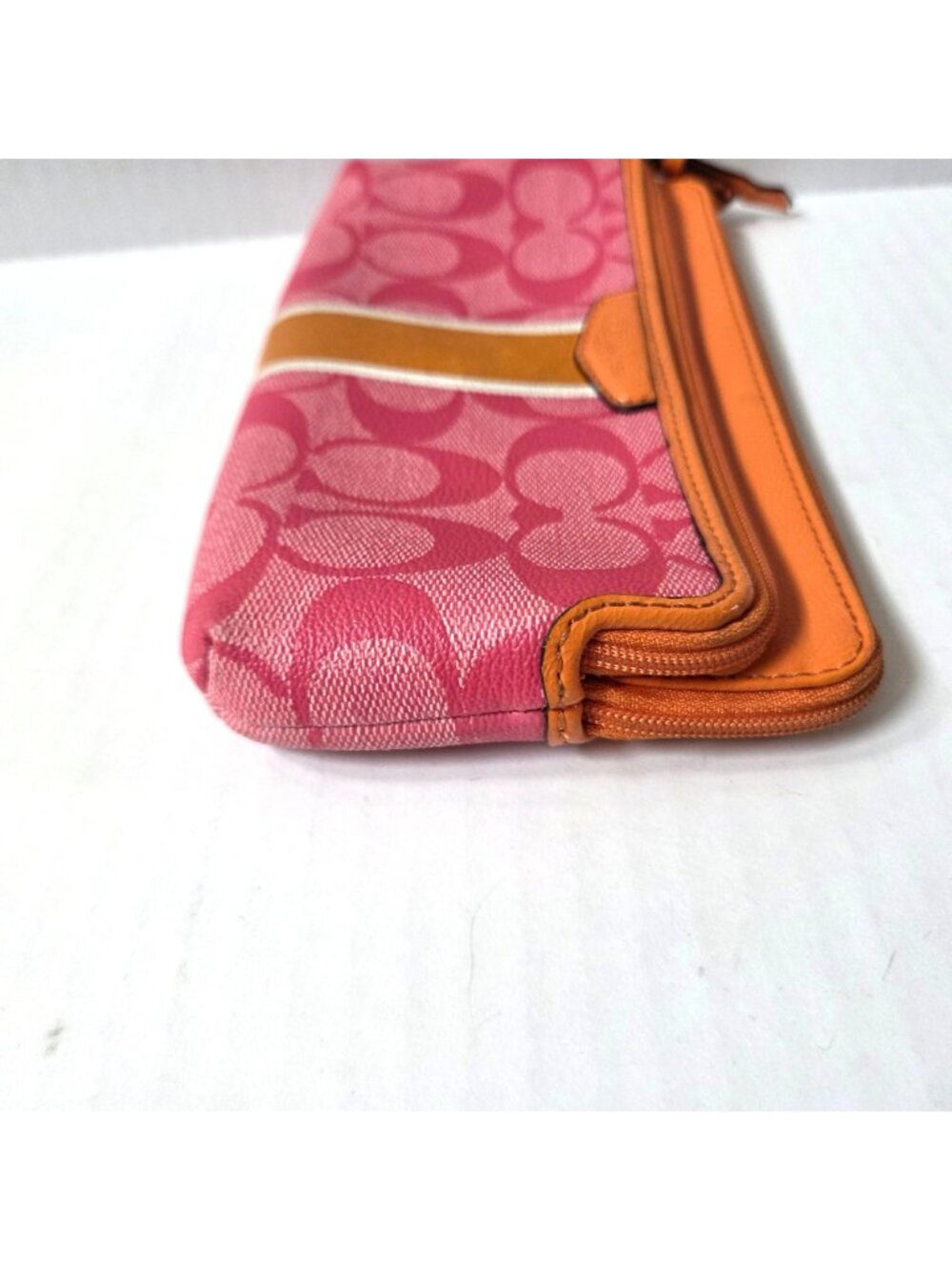Coach Wallet Pink Orange Signature Stripe Coated Canvas Double Zip Wristlet - Picture 6 of 12